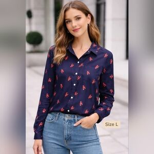 Old Navy Women's Navy and Red Button-Down Shirt
